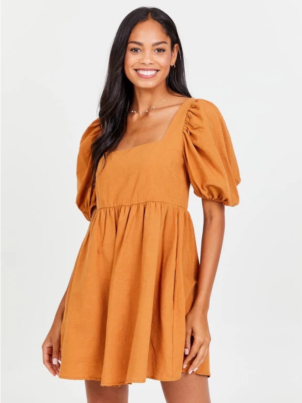 Altar'd State Mustard Square-Neck Puff Sleeve Mini Dress